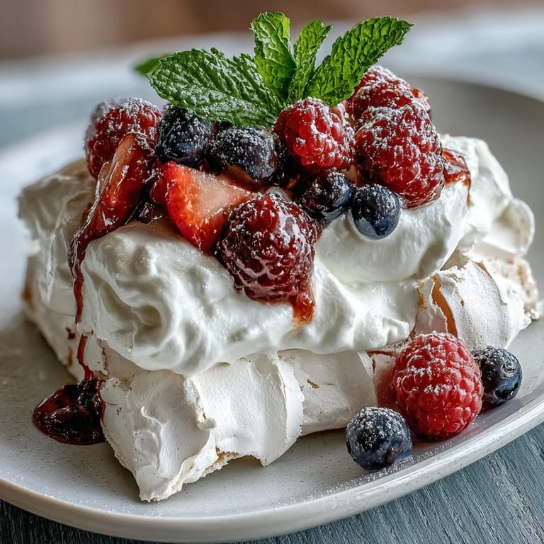 2. Elegant Mothers Day Pavlova with Mixed Berries: soft marshmallow center, fluffy cream, and colorful berry medley.  