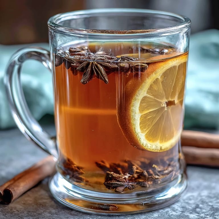 Golden dandelion root tea with fresh ginger and turmeric, served hot with a slice of lemon for brightness.