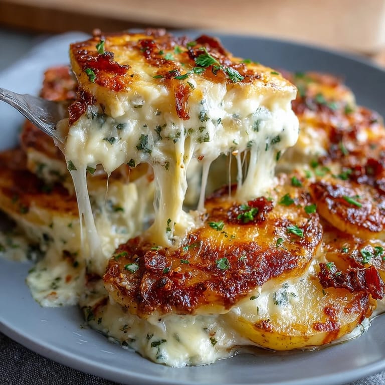 ALT image text: Rich and creamy layers of Yukon Gold potatoes baked with sharp cheddar and mozzarella in a savory sauce.  