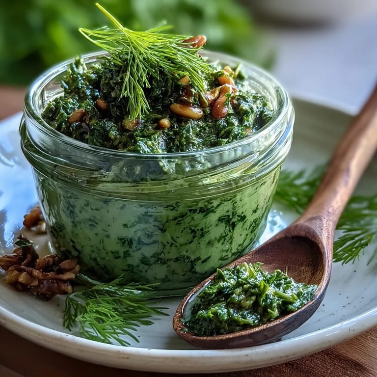 Bright green dandelion pesto, rich with garlic and toasted pine nuts, ideal for sandwiches or dipping.