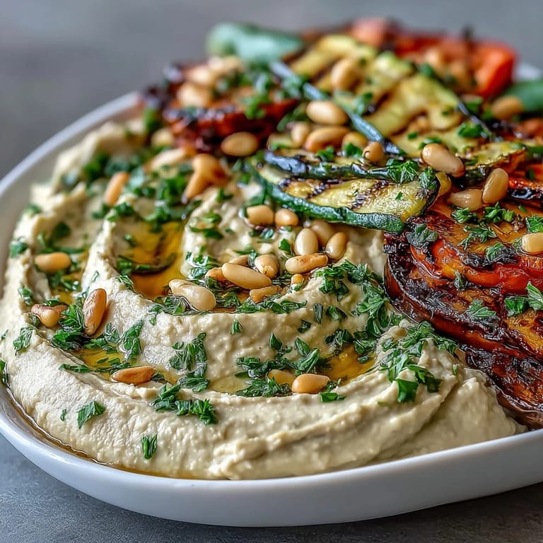 Vibrant summer veggie platter with creamy hummus, showcasing smoky grilled vegetables perfect for barbecues, picnics, or light plant-based dinners.