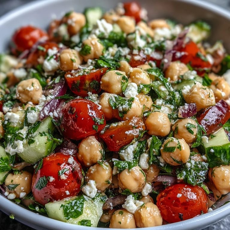 Refreshing Mediterranean chickpea salad bursting with parsley, mint, and zesty lemon dressing, served chilled for a light lunch.  