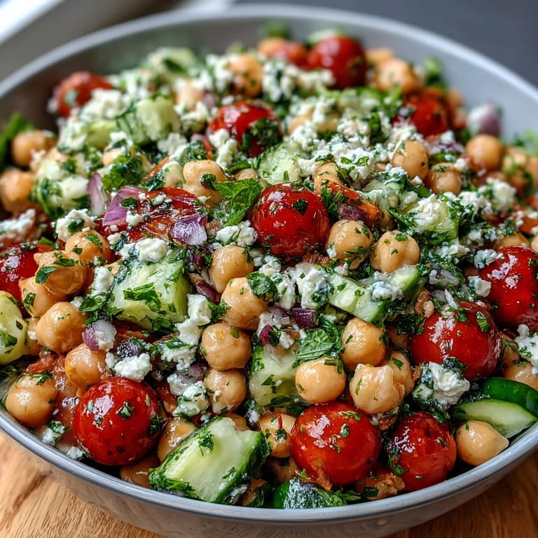 Healthy vegan chickpea salad with bright lemon-herb flavors, crisp vegetables, and optional feta, ideal for picnics or meal prep.