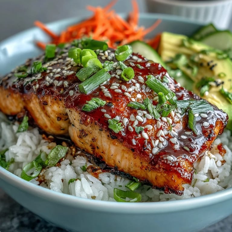 3. Delicious 15-minute teriyaki salmon bowl with savory glazed salmon, fresh vegetables, and rice, perfect for a healthy summer dinner.