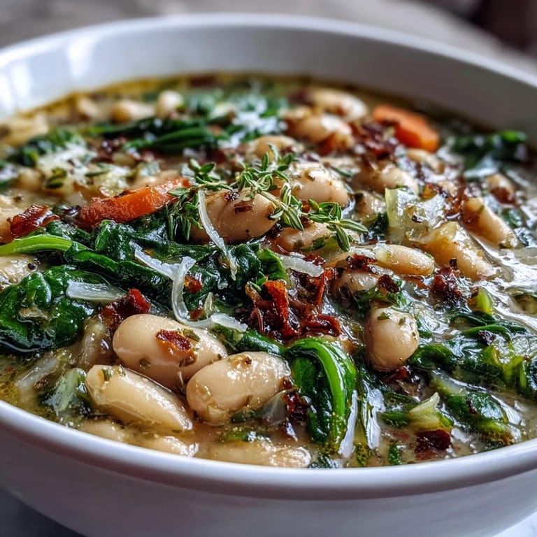 Hearty slow-cooked Tuscan White Bean and Spinach Soup, rich with cannellini beans, carrots, celery, and Italian herbs.