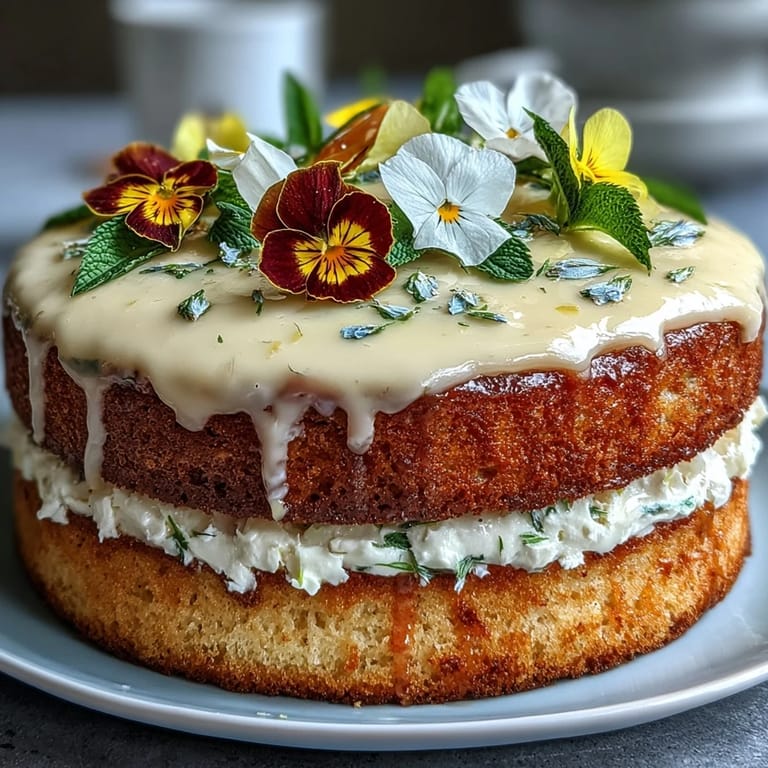 Delicate lemon sponge cake layered with zesty lemon curd and topped with creamy frosting and pressed edible flowers, perfect for spring celebrations.