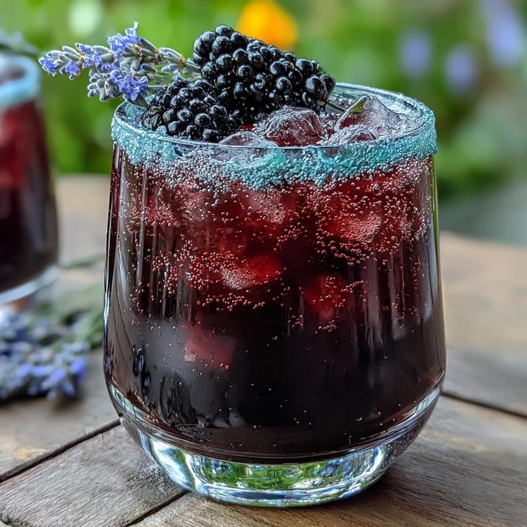 Vibrant purple blackberry lavender lemonade fizz served over ice with a lavender sprig garnish.  
