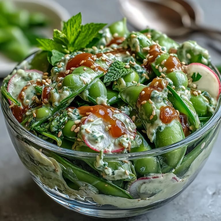 Fresh snap pea and radish salad with mint, parsley, and zesty lemon tahini dressing, perfect for a light meal.