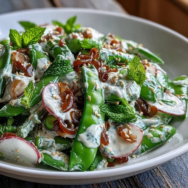 Vibrant snap pea and radish salad with fresh herbs, drizzled with rich tahini dressing and topped with sesame seeds.