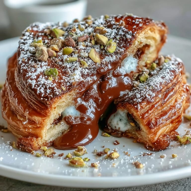 A fusion French toast twist featuring chocolate-laden croissants, cardamom-scented custard, and a sprinkle of vibrant green pistachios.