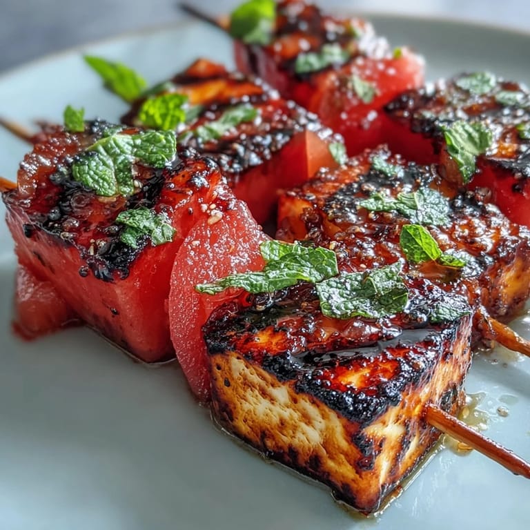 Vibrant grilled halloumi and watermelon skewers, garnished with fresh mint, create a refreshing vegetarian appetizer for any occasion.