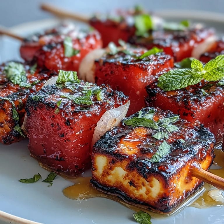 Golden, charred halloumi pairs beautifully with sweet watermelon and aromatic mint in these easy, crowd-pleasing skewers.