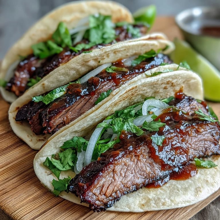 Deliciously seasoned smoked brisket tacos piled high with tangy toppings.