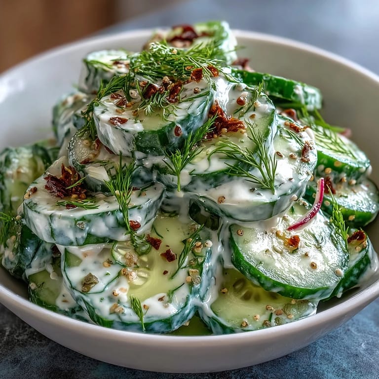Crisp, refreshing viral cucumber salad with zesty cream cheese dressing, ready to serve.