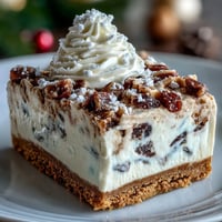 A slice of Christmas Cheesecake Slab on a plate, topped with soft whipped cream and a light dusting of powdered sugar.