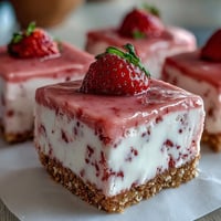 Creamy white chocolate and strawberry fudge squares sit on a wooden board, garnished with fresh strawberry slices and dusted with extra strawberry powder.