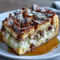 Golden-brown Monte Cristo Breakfast Casserole topped with powdered sugar and a drizzle of maple syrup.