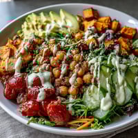 Colorful Breakfast Buddha Bowl with roasted sweet potatoes, crispy chickpeas, and creamy tahini dressing.