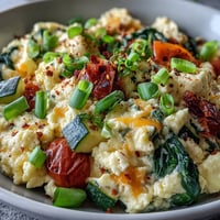 Fluffy scrambled eggs and melted cheddar cheese fill this healthy Scrambled Egg and Veggie Bowl, topped with vibrant cherry tomatoes and green onions.