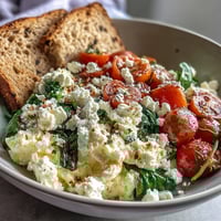 Fluffy scrambled eggs and sautéed spinach in a vibrant Spinach and Feta Breakfast Bowl, served with a slice of golden toasted whole grain bread on the side.