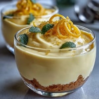 Creamy lemon mousse cups with buttery shortbread cookies, garnished with fresh berries and lemon zest curls for a refreshing spring dessert.