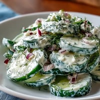 Creamy Cucumber Dill Salad with crisp cucumbers and red onion in a tangy sour cream dressing