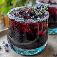 A sparkling glass of blackberry lavender lemonade fizz with fresh berries and lemon slices.  