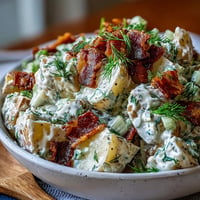 Memorial Day Potato Salad with Dill and Bacon in a white serving bowl, garnished with fresh dill and crispy bacon bits.