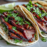 Tender smoked brisket tacos with vibrant pickled red onion garnish.